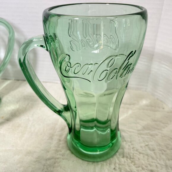 Set Of 4 Coca-Cola Embossed Heavy Green Glass Mugs With Handle Vintage Style 16 - Picture 6 of 11